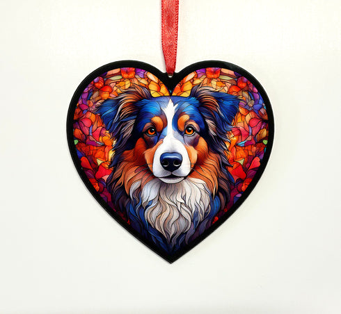 Australian Shepherd Stained Glass Effect Heart Suncatcher